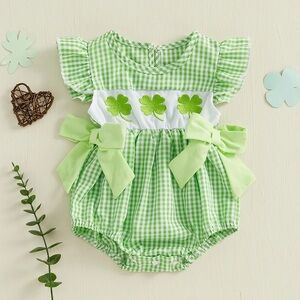🌱🦢4 FOR $15!🦢🌱 ST Patricks Day Gingham Romper with Shamrock Design